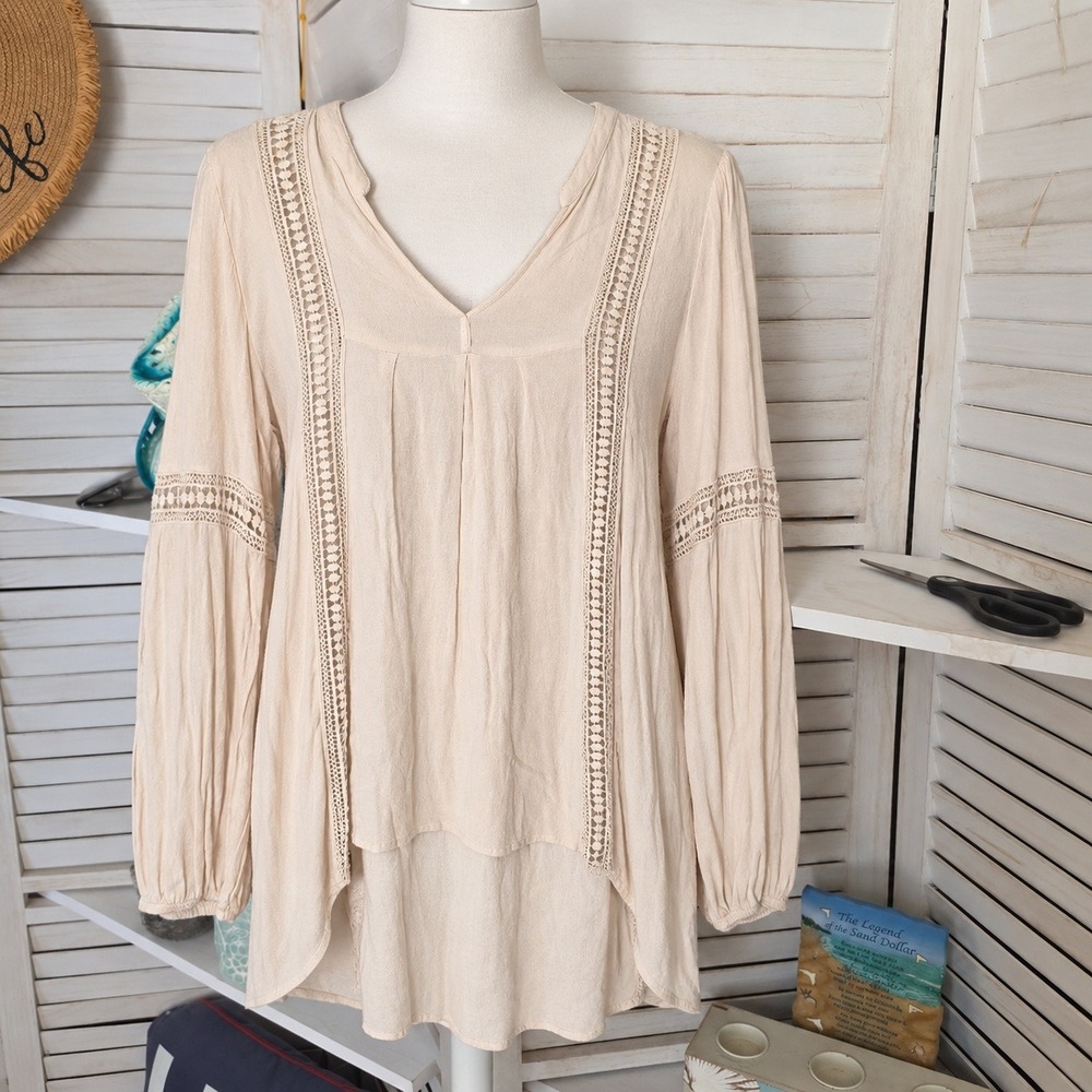 Blu Pepper Cream Boho Crochet Lace Tunic Top Large High Low VNeck Balloon Sleeve